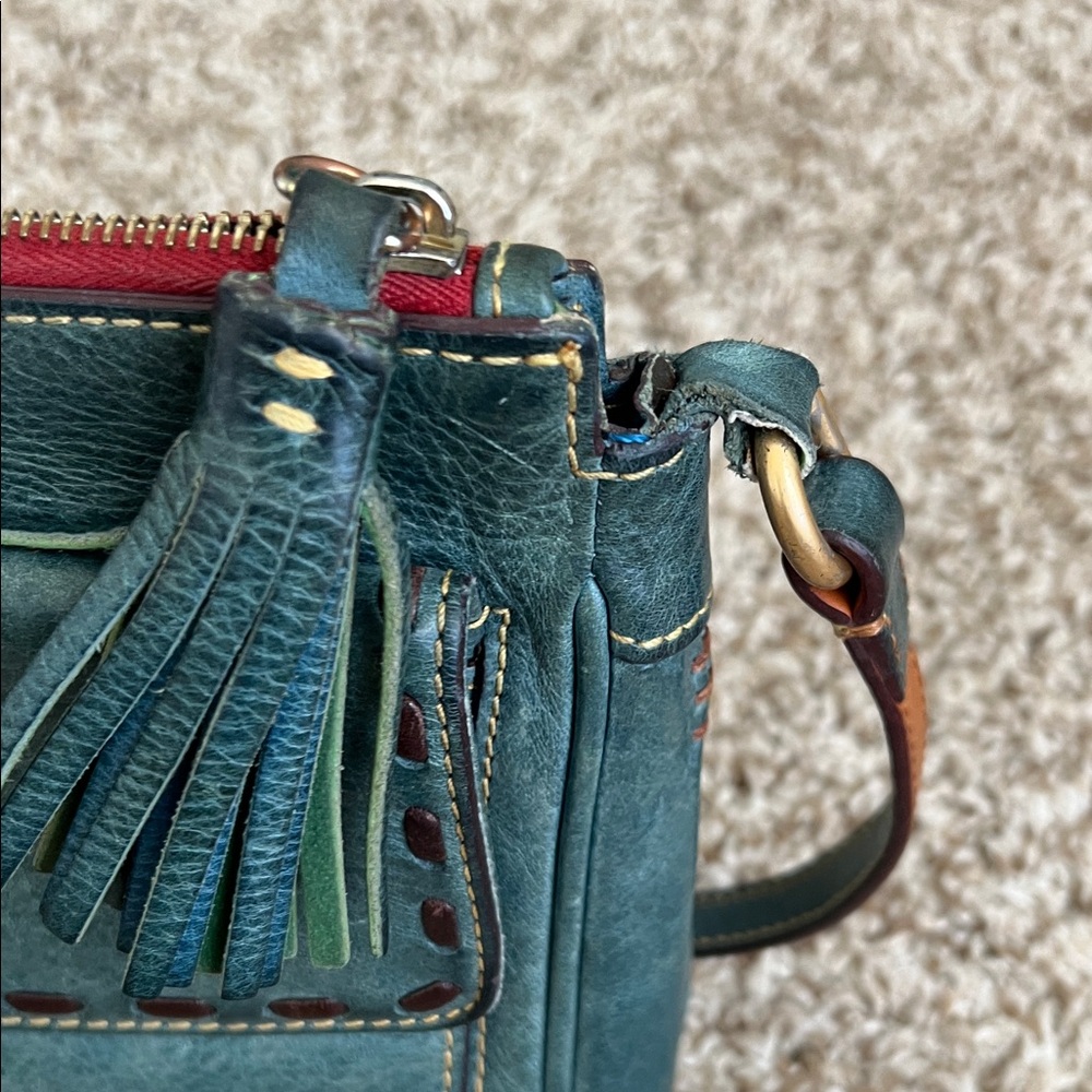 Dooney and Bourke Florentine Leather Crossbody Bag in Teal with Contrast Strap - Picture 10 of 12